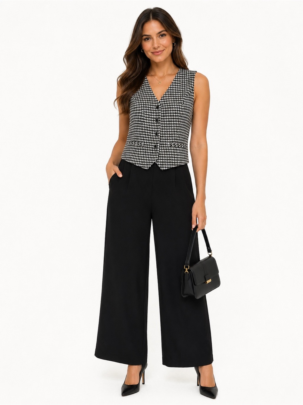 Shelby & Palmer Black Wide-Leg Jumpsuit with Houndstooth Vest – Size 6
